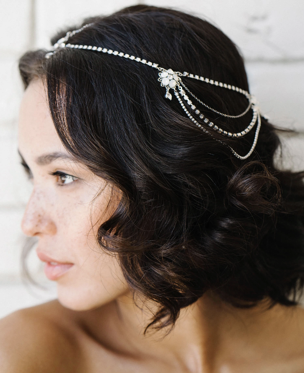 Madeline Hair Chain - available with opal &amp; clear crystals (shown), all clear crystals or all champagne crystals &amp; in Silver, Rose Gold or Gold - $257