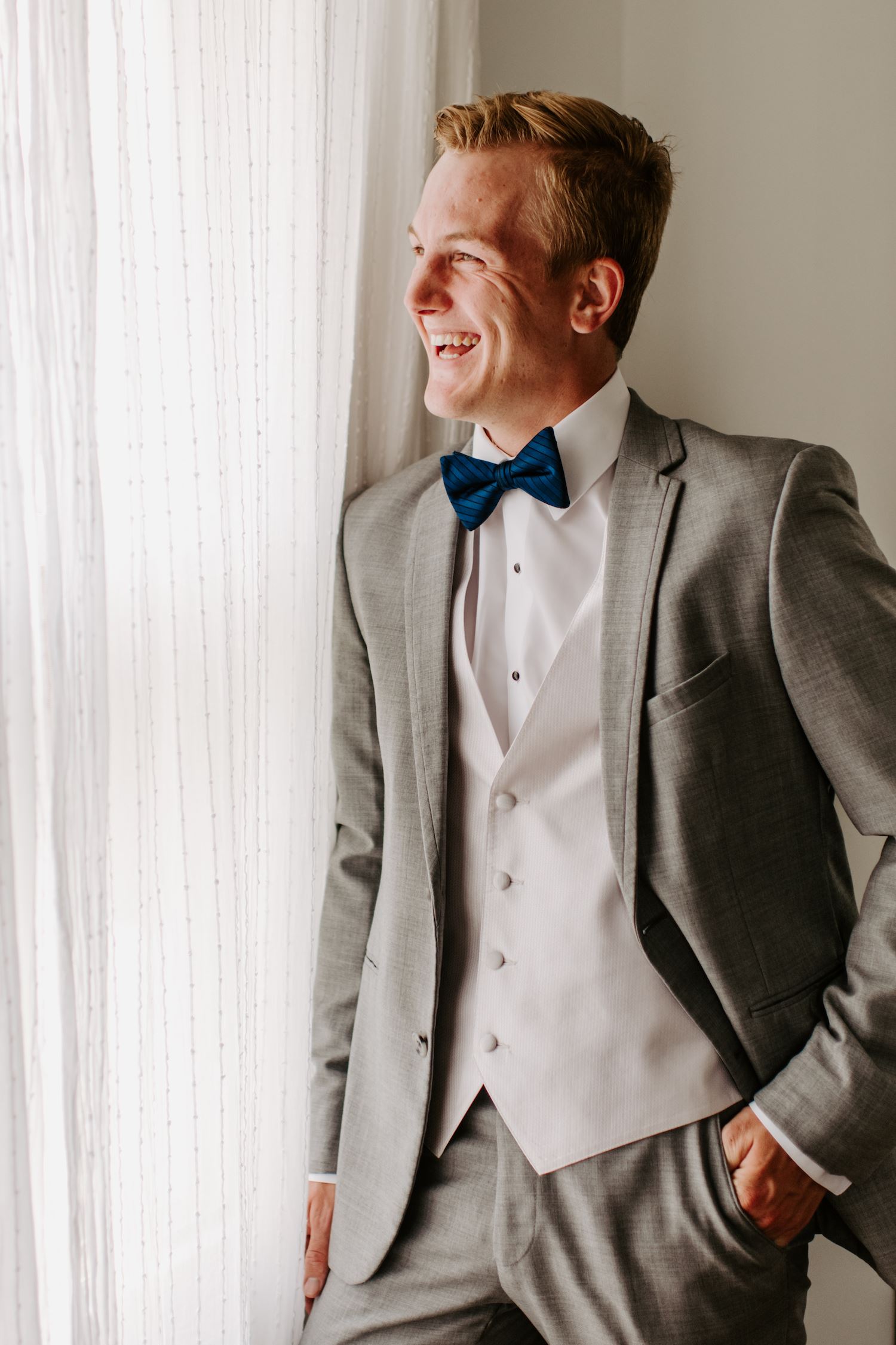 Allure Men - Ultra Slim Suit in Heather Grey with Navy Striped Bow Tie