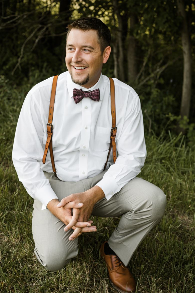 Allure Men - Ultra Slim Sand Suit with Rosewood Floral Bow Tie & Leather Suspenders